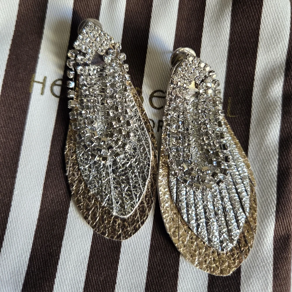 Henri Bendel Lenox Feather Leather Rhinestone Earrings - Picture 3 of 6